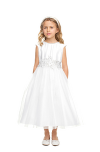 Pearl Neckline Satin with Lace Detail & Tulle Dress in White